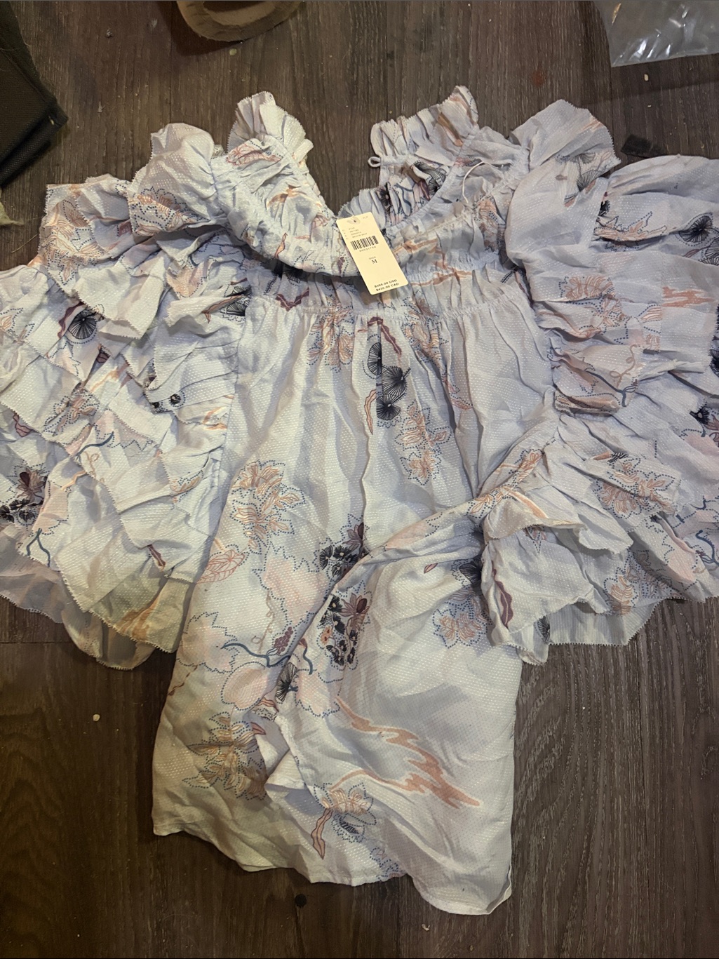 Pastel Blue Floral Off-Shoulder Ruffle Blouse